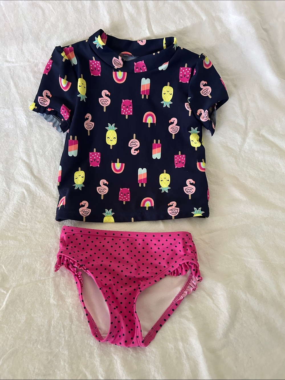Kids Navy Rash Guard Set with Pink Polka Dot Bottoms